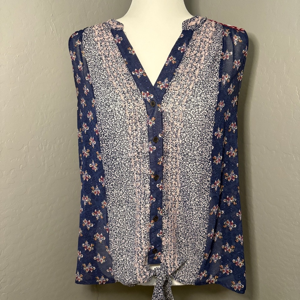 Knox Rose Sleeveless Floral Sheer Tie Front Top Size Small